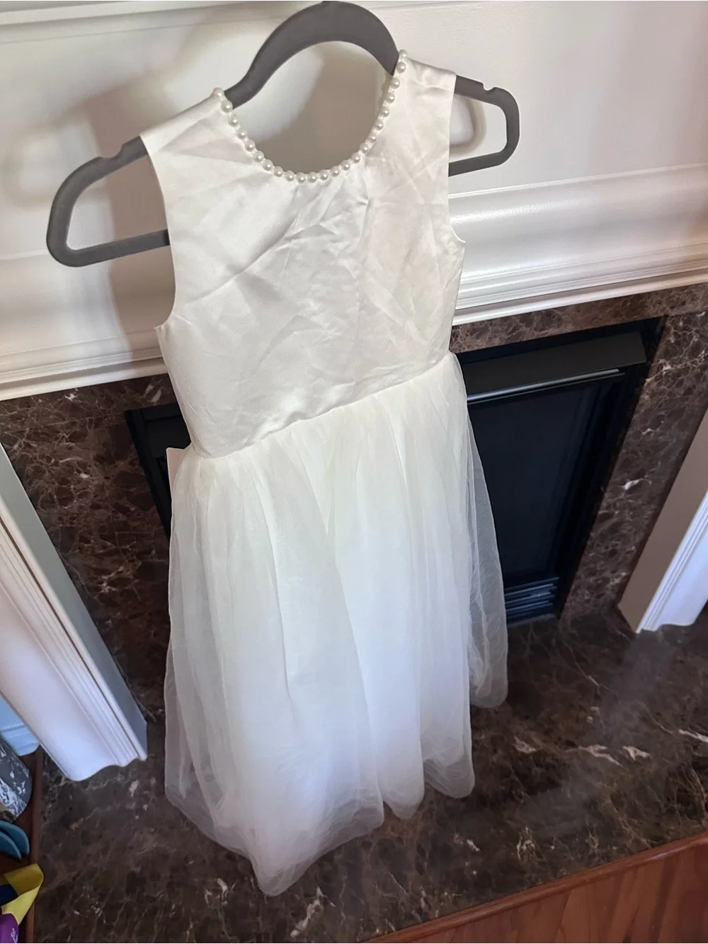 White Pearl-Trim Girls' Tulle Dress